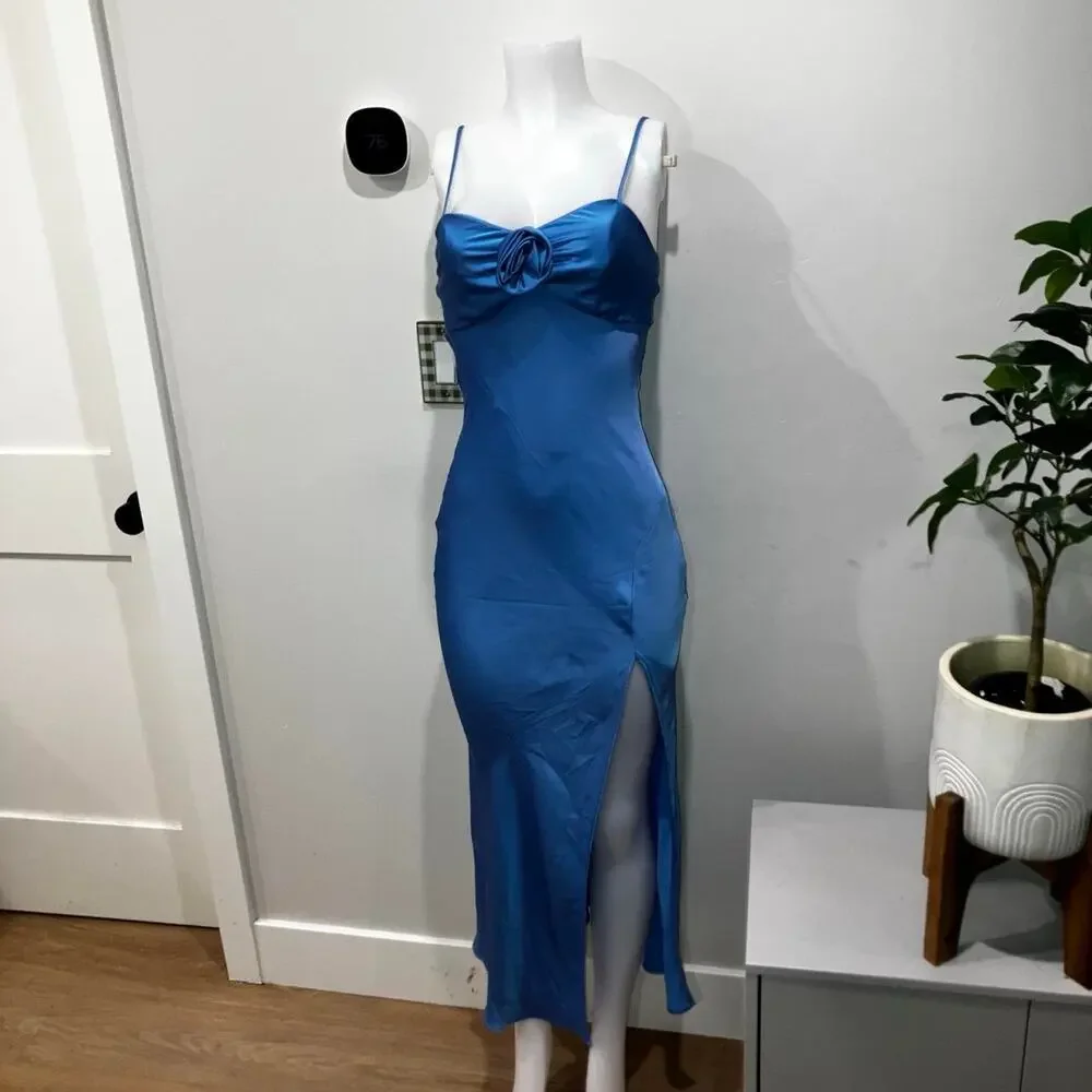 Blue satin maxi dress with 3D floral detail